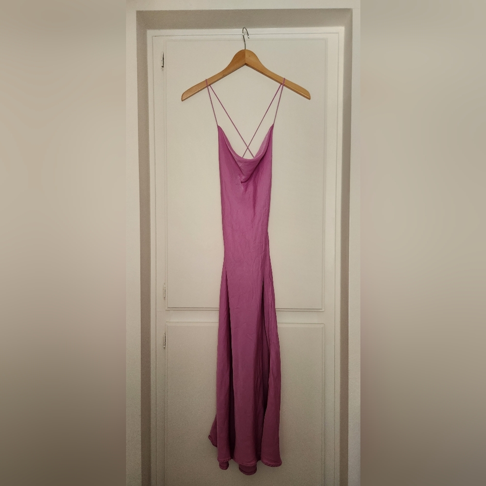Zara Women's Satin Effect Midi Dress Cowl Neck Crisscross Straps Magento Pink‎